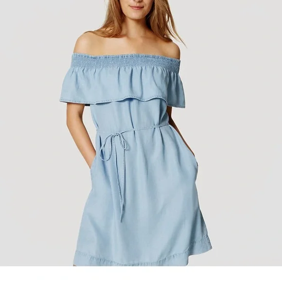 LOFT | Dresses | Loft Outlet Short Sleeve Ruffle Neck Off The Shoulder  Denim Dress Womens Xs | Poshmark